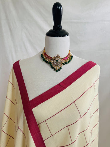 ShopNaya Exclusive | Handwoven | Contemporary Pure Cotton Saree | No Blouse | Off-White & Red | Handloom Mark | Ships from California
